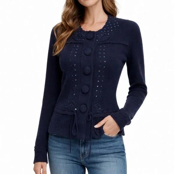 Nanette Lepore 100% Cashmere Navy Cardigan M Sequin Button Vintage Style - Picture 1 of 5